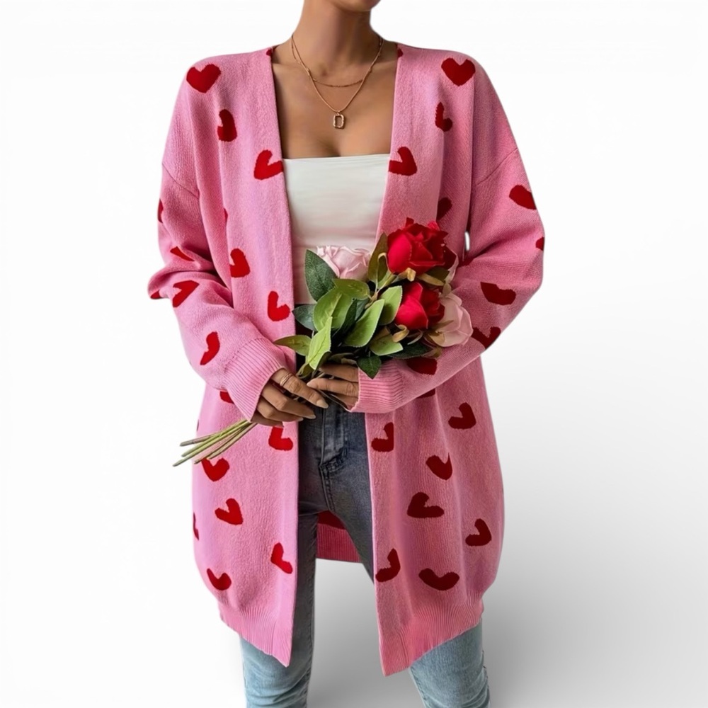 Pink Heart Print Open Cardigan